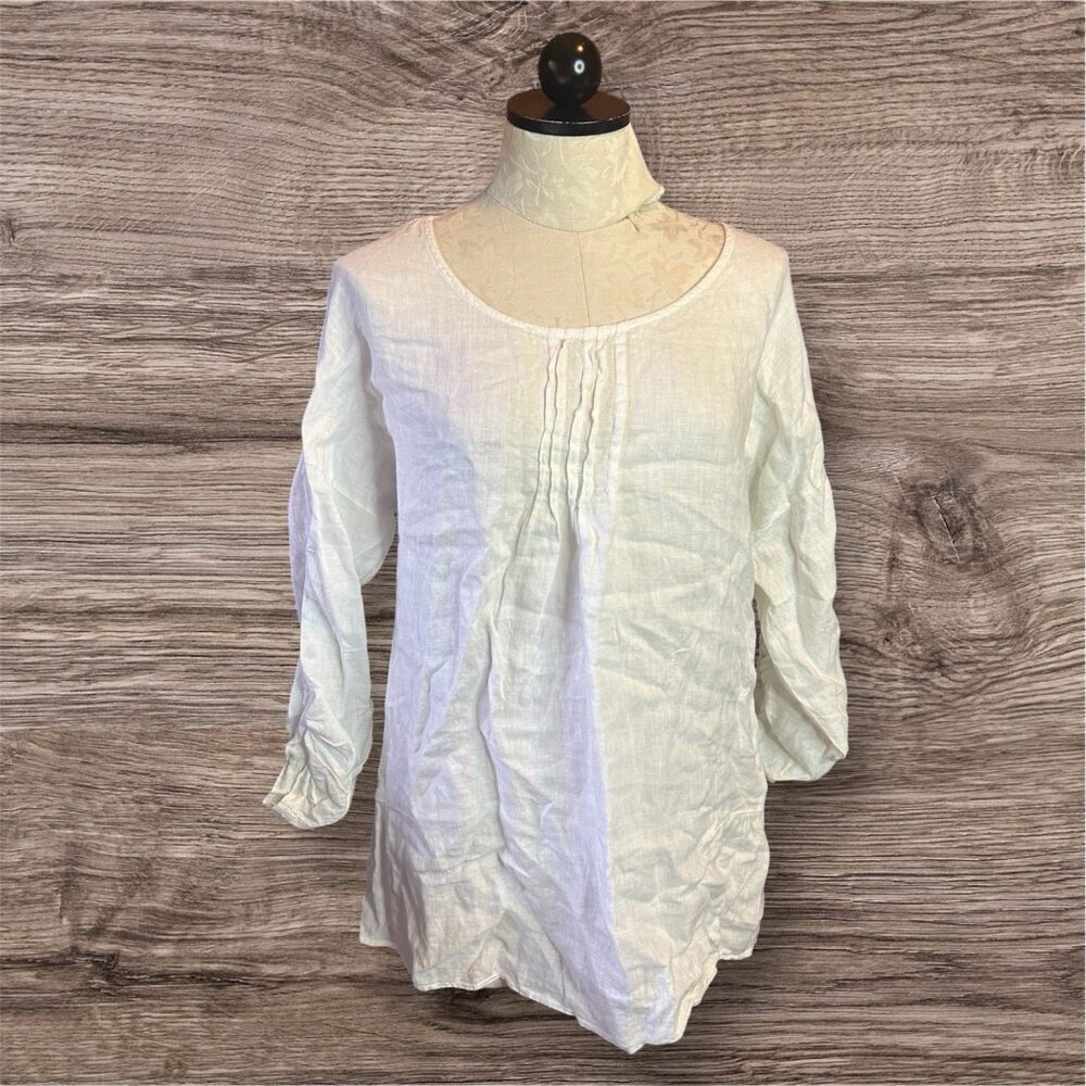 Valentina Naldi ITALY Top LINEN 3/4‎ Sleeves White Pleated Front Sz M Blouse